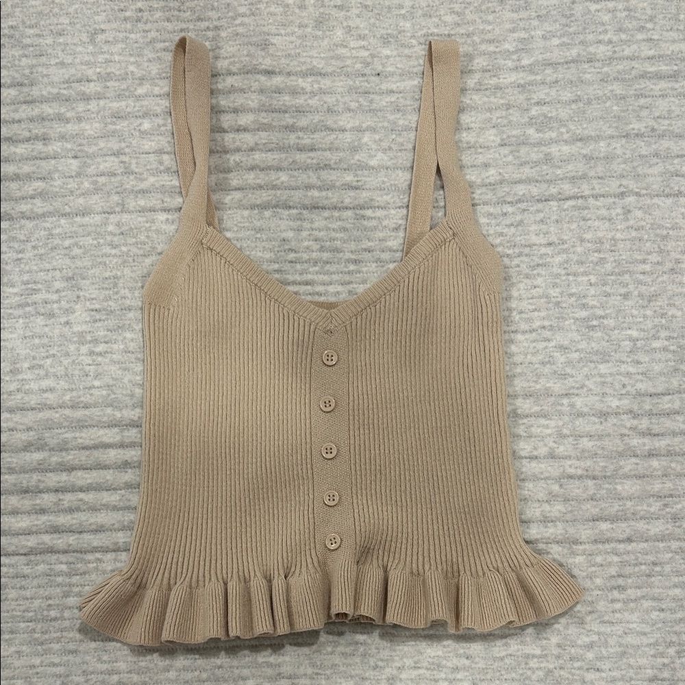 Women's Tan Knit Cropped Button-Down Top